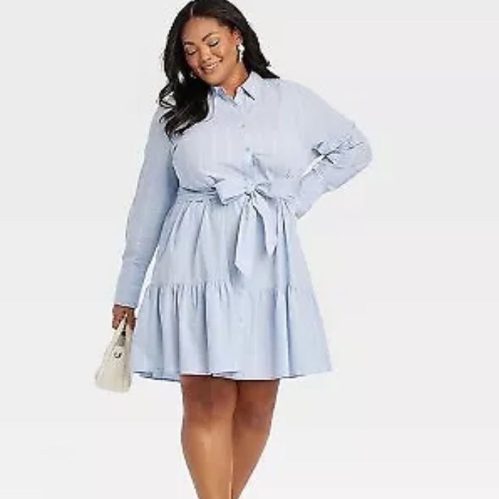 Ava & Viv 1X Button Down Tiered Skirt Shirt Dress Baby Blue Pinstripes NWT